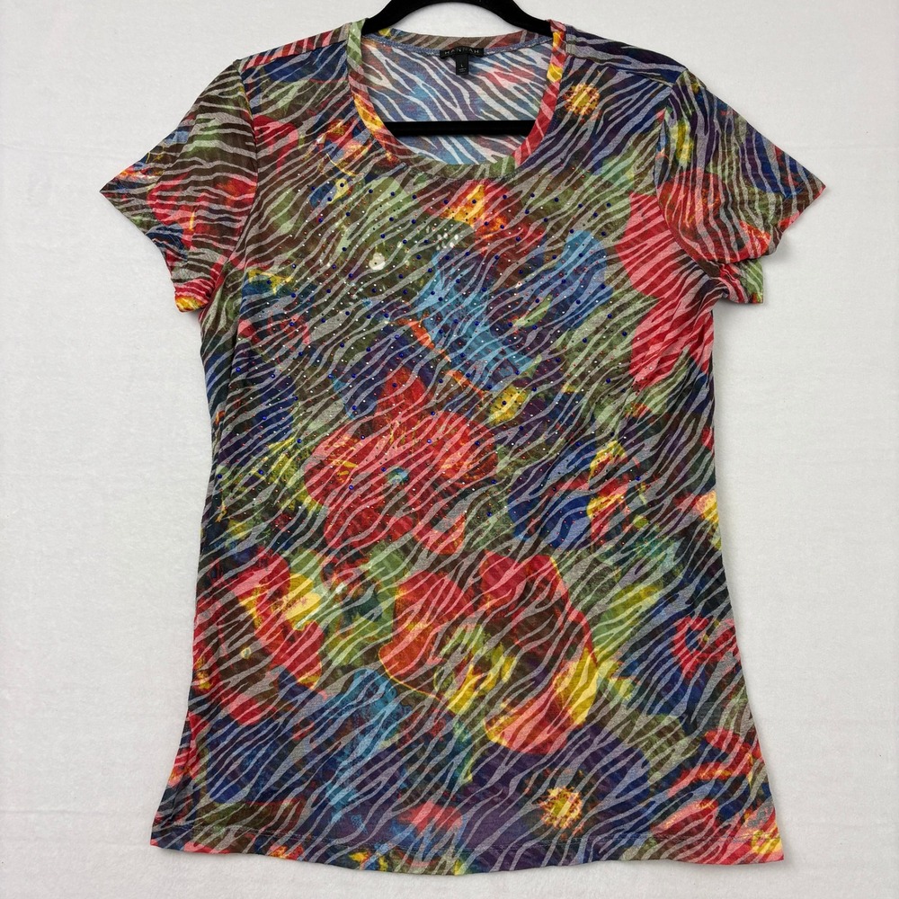 Hannah Womens Large Floral Zebra Stripe Sequin Short Sleeve Top Multi Color B1